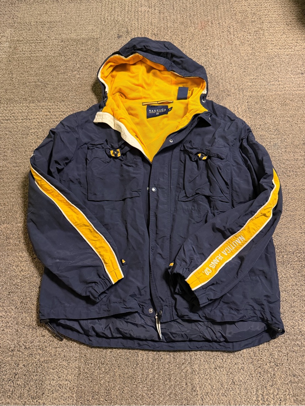 Nautica Navy Jacket with Yellow Hood and Stripe Accents
